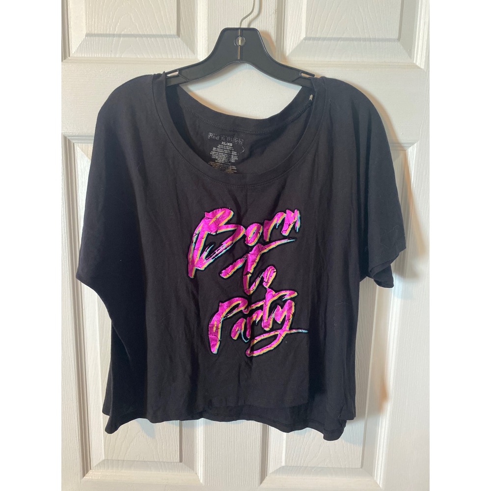 Rag n Stitch Born To Party Graphic T-Shirt Black Pink Purple Foil XL/XG Womens